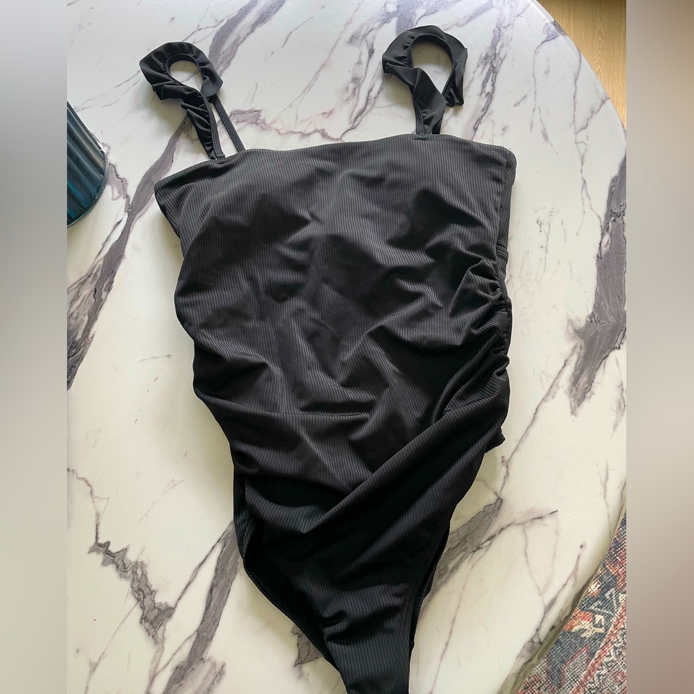 Pinkblush Black Ribbed Square Neck Ruffle Strap One Piece Maternity Swimsuit - Picture 5 of 6